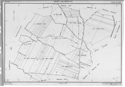 VERT-LE-GRAND. - Cadastre révisé pour 1936 : plan du tableau d'assemblage, plans de la section A les Noues 1ère feuille, section B Montaubert 1ère feuille, idem 2ème feuille, idem 3ème feuille, section D le Village 2ème feuille ; cadastre renouvelé pour 1