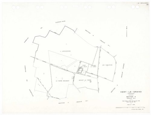 VERT-LE-GRAND, plans minutes de conservation : tableau d'assemblage,1936, Ech. 1/10000 ; plans des sections A1, A2, B1, B2, B3, CU, 1936, Ech. 1/2500, sections V1, V2, WU, XU, ZU, 1954, Ech. 1/2500. Polyester. N et B. Dim. 105 x 80 cm [12 plans]. 