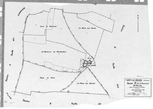 VERT-LE-GRAND. - Cadastre révisé pour 1936 : plan du tableau d'assemblage, plans de la section A les Noues 1ère feuille, section B Montaubert 1ère feuille, idem 2ème feuille, idem 3ème feuille, section D le Village 2ème feuille ; cadastre renouvelé pour 1