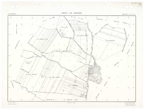 VERT-LE-GRAND, plans minutes de conservation : tableau d'assemblage,1936, Ech. 1/10000 ; plans des sections A1, A2, B1, B2, B3, CU, 1936, Ech. 1/2500, sections V1, V2, WU, XU, ZU, 1954, Ech. 1/2500. Polyester. N et B. Dim. 105 x 80 cm [12 plans]. 