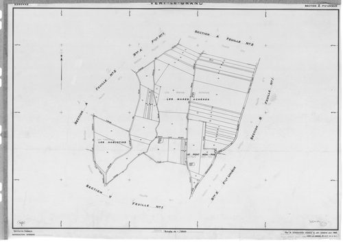 VERT-LE-GRAND. - Cadastre révisé pour 1936 : plan du tableau d'assemblage, plans de la section A les Noues 1ère feuille, section B Montaubert 1ère feuille, idem 2ème feuille, idem 3ème feuille, section D le Village 2ème feuille ; cadastre renouvelé pour 1