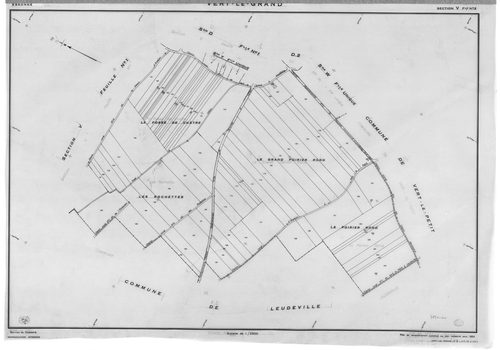 VERT-LE-GRAND. - Cadastre révisé pour 1936 : plan du tableau d'assemblage, plans de la section A les Noues 1ère feuille, section B Montaubert 1ère feuille, idem 2ème feuille, idem 3ème feuille, section D le Village 2ème feuille ; cadastre renouvelé pour 1