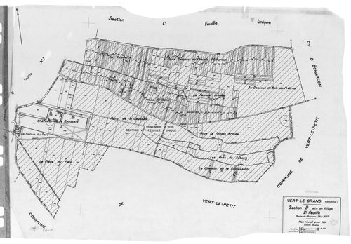 VERT-LE-GRAND. - Cadastre révisé pour 1936 : plan du tableau d'assemblage, plans de la section A les Noues 1ère feuille, section B Montaubert 1ère feuille, idem 2ème feuille, idem 3ème feuille, section D le Village 2ème feuille ; cadastre renouvelé pour 1