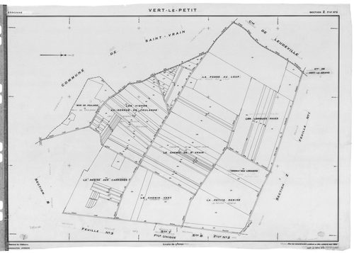VERT-LE-PETIT. - Cadastre révisé pour 1945 : plan du tableau d'assemblage , plans de la section A Chemin de Châtres et des vignes de Feularde 1ère feuille, idem 2ème feuille, section B le Village 1ère feuille, idem 2ème feuille, idem 3ème feuille ; cadast
