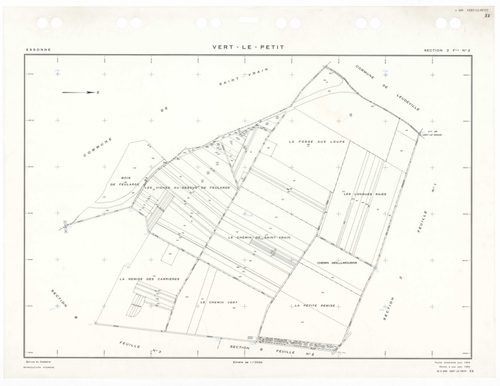 VERT-LE-PETIT, plans minutes de conservation : tableau d'assemblage,1954, Ech. 1/10000 ; plans des sections B1, B3, 1945, Ech. 1/2500, sections B2, 1945, Ech. 1/2500, sections YU, Z1, Z2, 1954, Ech. 1/2500. Polyester. N et B. Dim. 105 x 80 cm [7 plans]. 