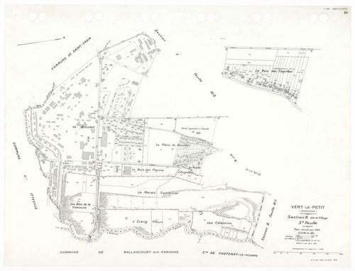 VERT-LE-PETIT, plans minutes de conservation : tableau d'assemblage,1954, Ech. 1/10000 ; plans des sections B1, B3, 1945, Ech. 1/2500, sections B2, 1945, Ech. 1/2500, sections YU, Z1, Z2, 1954, Ech. 1/2500. Polyester. N et B. Dim. 105 x 80 cm [7 plans]. 