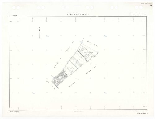 VERT-LE-PETIT, plans minutes de conservation : tableau d'assemblage,1954, Ech. 1/10000 ; plans des sections B1, B3, 1945, Ech. 1/2500, sections B2, 1945, Ech. 1/2500, sections YU, Z1, Z2, 1954, Ech. 1/2500. Polyester. N et B. Dim. 105 x 80 cm [7 plans]. 