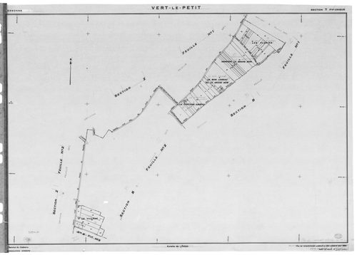 VERT-LE-PETIT. - Cadastre révisé pour 1945 : plan du tableau d'assemblage , plans de la section A Chemin de Châtres et des vignes de Feularde 1ère feuille, idem 2ème feuille, section B le Village 1ère feuille, idem 2ème feuille, idem 3ème feuille ; cadast