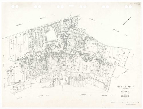 VERT-LE-PETIT, plans minutes de conservation : tableau d'assemblage,1954, Ech. 1/10000 ; plans des sections B1, B3, 1945, Ech. 1/2500, sections B2, 1945, Ech. 1/2500, sections YU, Z1, Z2, 1954, Ech. 1/2500. Polyester. N et B. Dim. 105 x 80 cm [7 plans]. 
