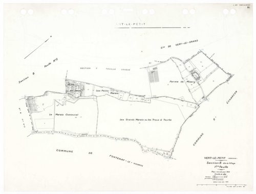 VERT-LE-PETIT, plans minutes de conservation : tableau d'assemblage,1954, Ech. 1/10000 ; plans des sections B1, B3, 1945, Ech. 1/2500, sections B2, 1945, Ech. 1/2500, sections YU, Z1, Z2, 1954, Ech. 1/2500. Polyester. N et B. Dim. 105 x 80 cm [7 plans]. 