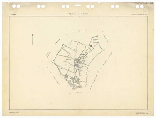 VERT-LE-PETIT, plans minutes de conservation : tableau d'assemblage,1954, Ech. 1/10000 ; plans des sections B1, B3, 1945, Ech. 1/2500, sections B2, 1945, Ech. 1/2500, sections YU, Z1, Z2, 1954, Ech. 1/2500. Polyester. N et B. Dim. 105 x 80 cm [7 plans]. 