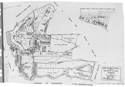 VERT-LE-PETIT. - Cadastre révisé pour 1945 : plan du tableau d'assemblage , plans de la section A Chemin de Châtres et des vignes de Feularde 1ère feuille, idem 2ème feuille, section B le Village 1ère feuille, idem 2ème feuille, idem 3ème feuille ; cadast