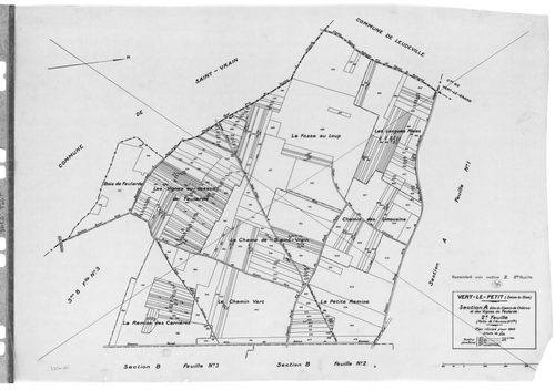 VERT-LE-PETIT. - Cadastre révisé pour 1945 : plan du tableau d'assemblage , plans de la section A Chemin de Châtres et des vignes de Feularde 1ère feuille, idem 2ème feuille, section B le Village 1ère feuille, idem 2ème feuille, idem 3ème feuille ; cadast