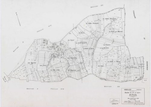 VIDELLES, plans minutes de conservation : tableau d'assemblage, 1938, Ech. 1/10000 ; plans des sections A1, A2, A4, A5, A6, B2, F2, 1938, Ech. 1/1250, section C, 1938, Ech. 1/2500, sections ZA, ZB, ZC, ZD, ZE, ZH, ZI, ZK, 1974, Ech. 1/2000. Polyester. N e