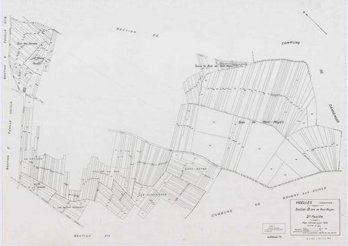 VIDELLES, plans minutes de conservation : tableau d'assemblage, 1938, Ech. 1/10000 ; plans des sections A1, A2, A4, A5, A6, B2, F2, 1938, Ech. 1/1250, section C, 1938, Ech. 1/2500, sections ZA, ZB, ZC, ZD, ZE, ZH, ZI, ZK, 1974, Ech. 1/2000. Polyester. N e