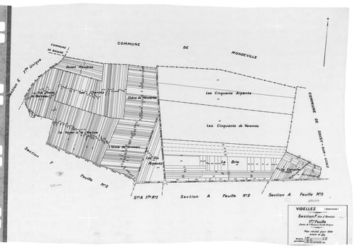 VIDELLES. - Cadastre révisé pour 1938 : plan du tableau d'assemblage, plans de la section A l'Eglise 1ère feuille, idem 2ème feuille, idem 3ème feuille, idem 4ème feuille, idem 5ème feuille, idem 6ème feuille, section B Mont-Moyen 1ère feuille, idem 2ème 