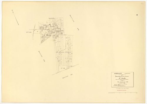 Plans minutes de conservation : VIDELLES : tableau d'assemblage, ech. 1/10000 (1938-1974), sections B2, C, ech. 1/2500 (1938), sections A1, A2, A4, A5, A6, B2, F2, ech. 1/1250, section C, ech. 1/2500 (1938-1974) ; sections ZA, ZB, ZC, ZD, ZE, ZH, ZI, ZK, 