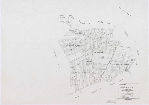 VIDELLES, plans minutes de conservation : tableau d'assemblage, 1938, Ech. 1/10000 ; plans des sections A1, A2, A4, A5, A6, B2, F2, 1938, Ech. 1/1250, section C, 1938, Ech. 1/2500, sections ZA, ZB, ZC, ZD, ZE, ZH, ZI, ZK, 1974, Ech. 1/2000. Polyester. N e