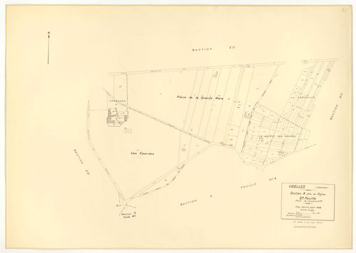 Plans minutes de conservation : VIDELLES : tableau d'assemblage, ech. 1/10000 (1938-1974), sections B2, C, ech. 1/2500 (1938), sections A1, A2, A4, A5, A6, B2, F2, ech. 1/1250, section C, ech. 1/2500 (1938-1974) ; sections ZA, ZB, ZC, ZD, ZE, ZH, ZI, ZK, 
