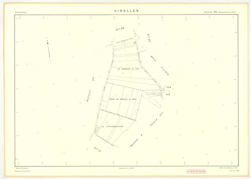 Plans minutes de conservation : VIDELLES : tableau d'assemblage, ech. 1/10000 (1938-1974), sections B2, C, ech. 1/2500 (1938), sections A1, A2, A4, A5, A6, B2, F2, ech. 1/1250, section C, ech. 1/2500 (1938-1974) ; sections ZA, ZB, ZC, ZD, ZE, ZH, ZI, ZK, 