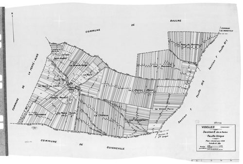 VIDELLES. - Cadastre révisé pour 1938 : plan du tableau d'assemblage, plans de la section A l'Eglise 1ère feuille, idem 2ème feuille, idem 3ème feuille, idem 4ème feuille, idem 5ème feuille, idem 6ème feuille, section B Mont-Moyen 1ère feuille, idem 2ème 