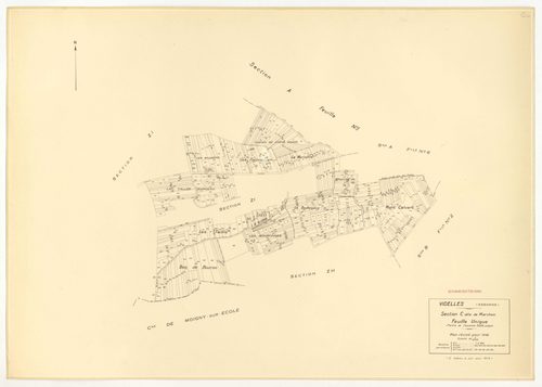 Plans minutes de conservation : VIDELLES : tableau d'assemblage, ech. 1/10000 (1938-1974), sections B2, C, ech. 1/2500 (1938), sections A1, A2, A4, A5, A6, B2, F2, ech. 1/1250, section C, ech. 1/2500 (1938-1974) ; sections ZA, ZB, ZC, ZD, ZE, ZH, ZI, ZK, 