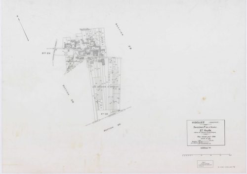 VIDELLES, plans minutes de conservation : tableau d'assemblage, 1938, Ech. 1/10000 ; plans des sections A1, A2, A4, A5, A6, B2, F2, 1938, Ech. 1/1250, section C, 1938, Ech. 1/2500, sections ZA, ZB, ZC, ZD, ZE, ZH, ZI, ZK, 1974, Ech. 1/2000. Polyester. N e