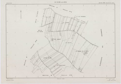 VIDELLES, plans minutes de conservation : tableau d'assemblage, 1938, Ech. 1/10000 ; plans des sections A1, A2, A4, A5, A6, B2, F2, 1938, Ech. 1/1250, section C, 1938, Ech. 1/2500, sections ZA, ZB, ZC, ZD, ZE, ZH, ZI, ZK, 1974, Ech. 1/2000. Polyester. N e