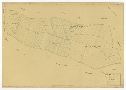 Plans minutes de conservation : VIDELLES : tableau d'assemblage, ech. 1/10000 (1938-1974), sections B2, C, ech. 1/2500 (1938), sections A1, A2, A4, A5, A6, B2, F2, ech. 1/1250, section C, ech. 1/2500 (1938-1974) ; sections ZA, ZB, ZC, ZD, ZE, ZH, ZI, ZK, 
