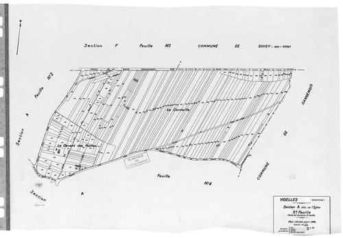 VIDELLES. - Cadastre révisé pour 1938 : plan du tableau d'assemblage, plans de la section A l'Eglise 1ère feuille, idem 2ème feuille, idem 3ème feuille, idem 4ème feuille, idem 5ème feuille, idem 6ème feuille, section B Mont-Moyen 1ère feuille, idem 2ème 