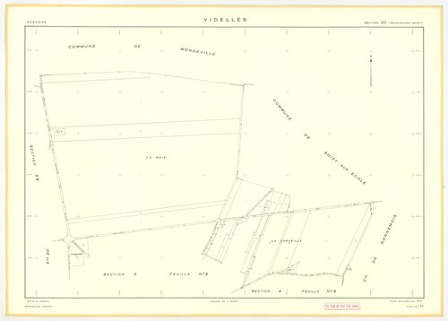 Plans minutes de conservation : VIDELLES : tableau d'assemblage, ech. 1/10000 (1938-1974), sections B2, C, ech. 1/2500 (1938), sections A1, A2, A4, A5, A6, B2, F2, ech. 1/1250, section C, ech. 1/2500 (1938-1974) ; sections ZA, ZB, ZC, ZD, ZE, ZH, ZI, ZK, 