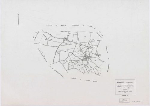 VIDELLES, plans minutes de conservation : tableau d'assemblage, 1938, Ech. 1/10000 ; plans des sections A1, A2, A4, A5, A6, B2, F2, 1938, Ech. 1/1250, section C, 1938, Ech. 1/2500, sections ZA, ZB, ZC, ZD, ZE, ZH, ZI, ZK, 1974, Ech. 1/2000. Polyester. N e