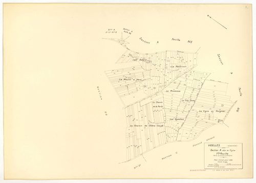 Plans minutes de conservation : VIDELLES : tableau d'assemblage, ech. 1/10000 (1938-1974), sections B2, C, ech. 1/2500 (1938), sections A1, A2, A4, A5, A6, B2, F2, ech. 1/1250, section C, ech. 1/2500 (1938-1974) ; sections ZA, ZB, ZC, ZD, ZE, ZH, ZI, ZK, 
