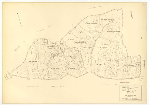 Plans minutes de conservation : VIDELLES : tableau d'assemblage, ech. 1/10000 (1938-1974), sections B2, C, ech. 1/2500 (1938), sections A1, A2, A4, A5, A6, B2, F2, ech. 1/1250, section C, ech. 1/2500 (1938-1974) ; sections ZA, ZB, ZC, ZD, ZE, ZH, ZI, ZK, 