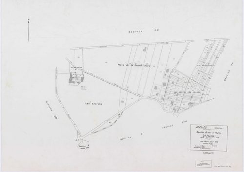 VIDELLES, plans minutes de conservation : tableau d'assemblage, 1938, Ech. 1/10000 ; plans des sections A1, A2, A4, A5, A6, B2, F2, 1938, Ech. 1/1250, section C, 1938, Ech. 1/2500, sections ZA, ZB, ZC, ZD, ZE, ZH, ZI, ZK, 1974, Ech. 1/2000. Polyester. N e