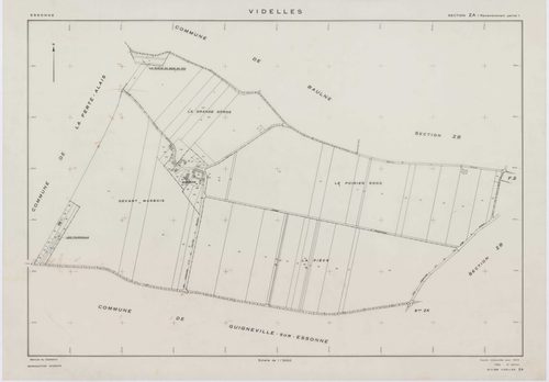 VIDELLES, plans minutes de conservation : tableau d'assemblage, 1938, Ech. 1/10000 ; plans des sections A1, A2, A4, A5, A6, B2, F2, 1938, Ech. 1/1250, section C, 1938, Ech. 1/2500, sections ZA, ZB, ZC, ZD, ZE, ZH, ZI, ZK, 1974, Ech. 1/2000. Polyester. N e