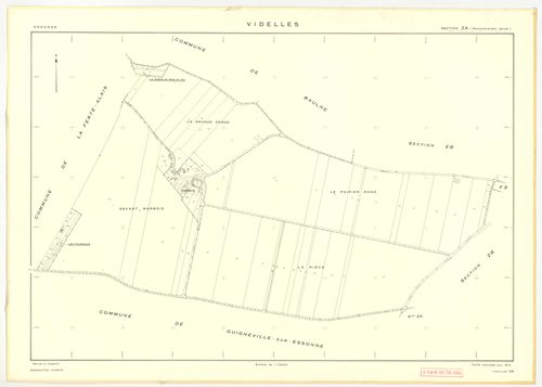 Plans minutes de conservation : VIDELLES : tableau d'assemblage, ech. 1/10000 (1938-1974), sections B2, C, ech. 1/2500 (1938), sections A1, A2, A4, A5, A6, B2, F2, ech. 1/1250, section C, ech. 1/2500 (1938-1974) ; sections ZA, ZB, ZC, ZD, ZE, ZH, ZI, ZK, 