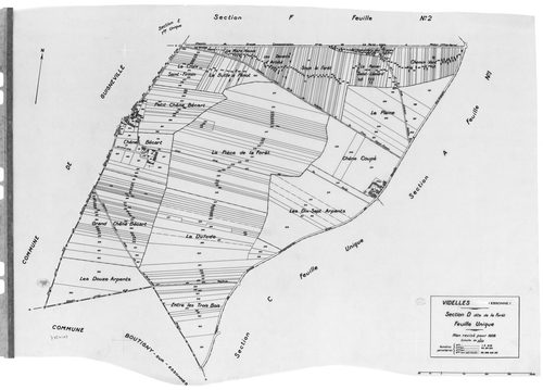 VIDELLES. - Cadastre révisé pour 1938 : plan du tableau d'assemblage, plans de la section A l'Eglise 1ère feuille, idem 2ème feuille, idem 3ème feuille, idem 4ème feuille, idem 5ème feuille, idem 6ème feuille, section B Mont-Moyen 1ère feuille, idem 2ème 