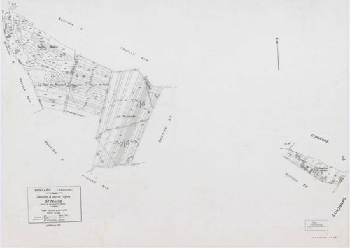 VIDELLES, plans minutes de conservation : tableau d'assemblage, 1938, Ech. 1/10000 ; plans des sections A1, A2, A4, A5, A6, B2, F2, 1938, Ech. 1/1250, section C, 1938, Ech. 1/2500, sections ZA, ZB, ZC, ZD, ZE, ZH, ZI, ZK, 1974, Ech. 1/2000. Polyester. N e