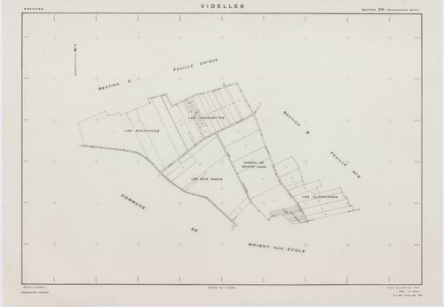 VIDELLES, plans minutes de conservation : tableau d'assemblage, 1938, Ech. 1/10000 ; plans des sections A1, A2, A4, A5, A6, B2, F2, 1938, Ech. 1/1250, section C, 1938, Ech. 1/2500, sections ZA, ZB, ZC, ZD, ZE, ZH, ZI, ZK, 1974, Ech. 1/2000. Polyester. N e