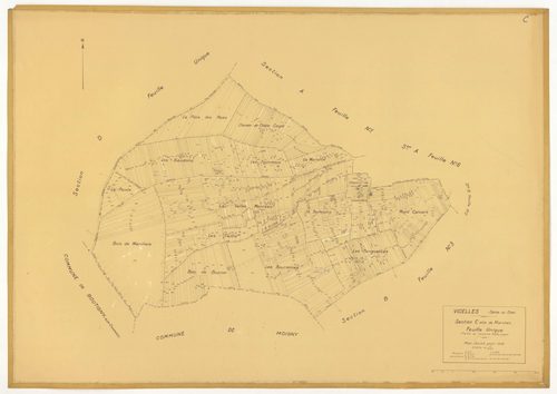Plans minutes de conservation : VIDELLES : tableau d'assemblage, ech. 1/10000 (1938-1974), sections B2, C, ech. 1/2500 (1938), sections A1, A2, A4, A5, A6, B2, F2, ech. 1/1250, section C, ech. 1/2500 (1938-1974) ; sections ZA, ZB, ZC, ZD, ZE, ZH, ZI, ZK, 