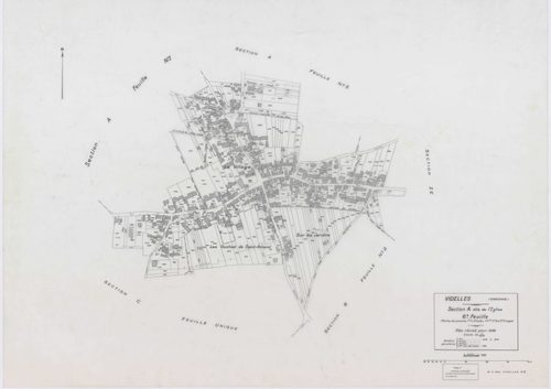 VIDELLES, plans minutes de conservation : tableau d'assemblage, 1938, Ech. 1/10000 ; plans des sections A1, A2, A4, A5, A6, B2, F2, 1938, Ech. 1/1250, section C, 1938, Ech. 1/2500, sections ZA, ZB, ZC, ZD, ZE, ZH, ZI, ZK, 1974, Ech. 1/2000. Polyester. N e