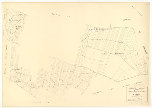 Plans minutes de conservation : VIDELLES : tableau d'assemblage, ech. 1/10000 (1938-1974), sections B2, C, ech. 1/2500 (1938), sections A1, A2, A4, A5, A6, B2, F2, ech. 1/1250, section C, ech. 1/2500 (1938-1974) ; sections ZA, ZB, ZC, ZD, ZE, ZH, ZI, ZK, 