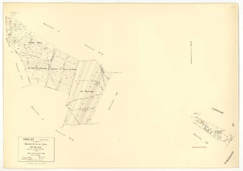 Plans minutes de conservation : VIDELLES : tableau d'assemblage, ech. 1/10000 (1938-1974), sections B2, C, ech. 1/2500 (1938), sections A1, A2, A4, A5, A6, B2, F2, ech. 1/1250, section C, ech. 1/2500 (1938-1974) ; sections ZA, ZB, ZC, ZD, ZE, ZH, ZI, ZK, 