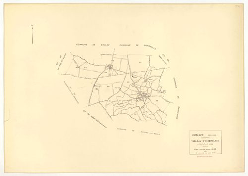 Plans minutes de conservation : VIDELLES : tableau d'assemblage, ech. 1/10000 (1938-1974), sections B2, C, ech. 1/2500 (1938), sections A1, A2, A4, A5, A6, B2, F2, ech. 1/1250, section C, ech. 1/2500 (1938-1974) ; sections ZA, ZB, ZC, ZD, ZE, ZH, ZI, ZK, 
