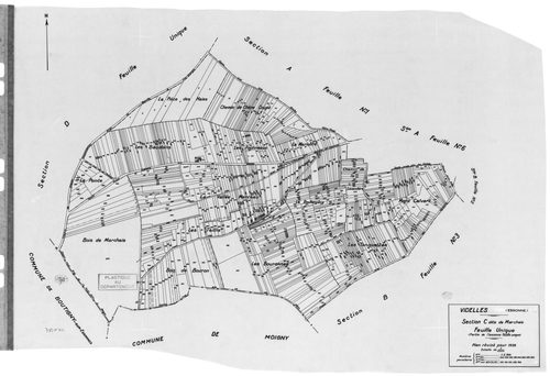 VIDELLES. - Cadastre révisé pour 1938 : plan du tableau d'assemblage, plans de la section A l'Eglise 1ère feuille, idem 2ème feuille, idem 3ème feuille, idem 4ème feuille, idem 5ème feuille, idem 6ème feuille, section B Mont-Moyen 1ère feuille, idem 2ème 