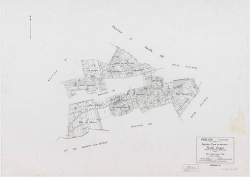 VIDELLES, plans minutes de conservation : tableau d'assemblage, 1938, Ech. 1/10000 ; plans des sections A1, A2, A4, A5, A6, B2, F2, 1938, Ech. 1/1250, section C, 1938, Ech. 1/2500, sections ZA, ZB, ZC, ZD, ZE, ZH, ZI, ZK, 1974, Ech. 1/2000. Polyester. N e