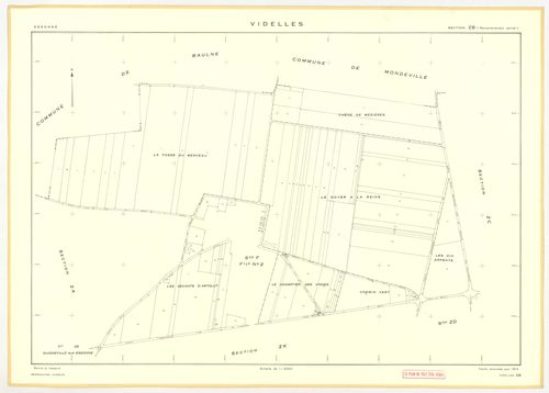 Plans minutes de conservation : VIDELLES : tableau d'assemblage, ech. 1/10000 (1938-1974), sections B2, C, ech. 1/2500 (1938), sections A1, A2, A4, A5, A6, B2, F2, ech. 1/1250, section C, ech. 1/2500 (1938-1974) ; sections ZA, ZB, ZC, ZD, ZE, ZH, ZI, ZK, 