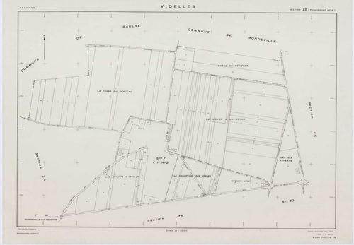 VIDELLES, plans minutes de conservation : tableau d'assemblage, 1938, Ech. 1/10000 ; plans des sections A1, A2, A4, A5, A6, B2, F2, 1938, Ech. 1/1250, section C, 1938, Ech. 1/2500, sections ZA, ZB, ZC, ZD, ZE, ZH, ZI, ZK, 1974, Ech. 1/2000. Polyester. N e