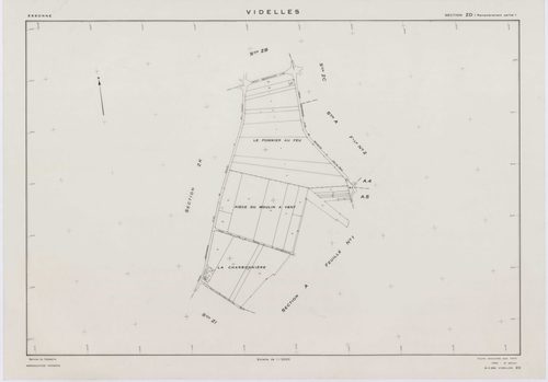 VIDELLES, plans minutes de conservation : tableau d'assemblage, 1938, Ech. 1/10000 ; plans des sections A1, A2, A4, A5, A6, B2, F2, 1938, Ech. 1/1250, section C, 1938, Ech. 1/2500, sections ZA, ZB, ZC, ZD, ZE, ZH, ZI, ZK, 1974, Ech. 1/2000. Polyester. N e